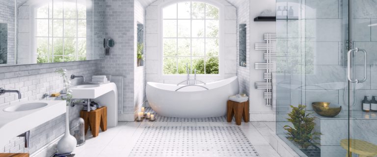 Renovation of an old building bathroom in a panoramic view - 3d visualization